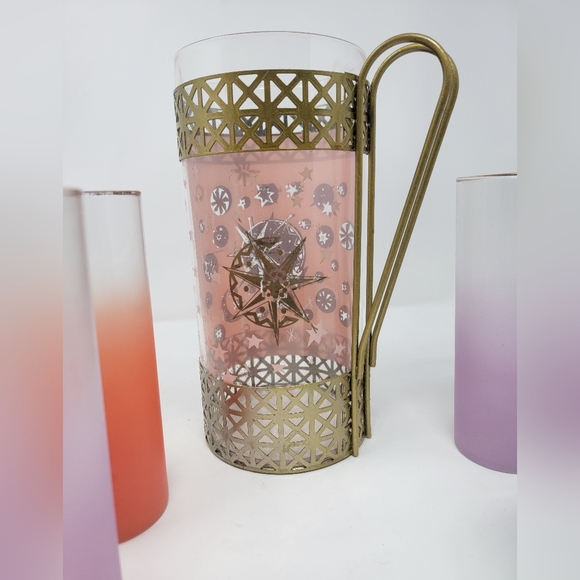 Rare Stunning Vintage Glass Pitcher & 4 Glasses Stars Sun Moons Gold & Pastels - Picture 2 of 12